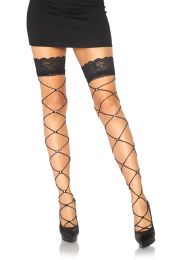 Crystalized Wide Net Lace Top Thigh Highs - One Size - Black
