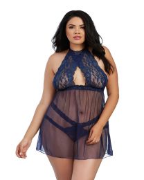 Dreamgirl Midnight Blue Babydoll Set Lace Mesh Strappy Panty Lingerie Plus Size