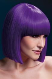 Fever Lola Wig Ladies Purple 12"" Fancy Dress Wig With Fringe Blunt Cut