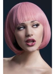 Fever Mia Wig Ladies Pastel Pink 10"" Fancy Dress Wig With Fringe Bowl Cut