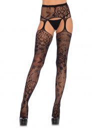 Floral Lace High Waisted Suspender Tights, Crotchless, Open Gusset, Garter