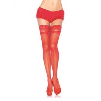 Plus Size Stay Up Sheer Thigh High Stockings with Lace Top Red
