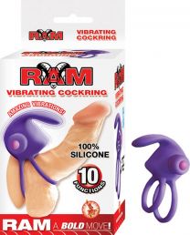 Ram Double Loop Cock Ring with Vibrating Clit Tickler, 1.25 Inch, Playful Purple