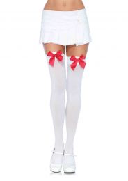 Sexy White Opaque Thigh High Highs Stockings w/ Red Bow