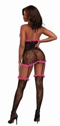 Stretch Lace Halter Garter Dress W/attached Garters and Thigh High Stockings Bla