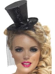 Womens Black Mini Top Hat With Detachable Black Veil Costume Accessory